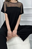 Nies Pijama Takımı Kadın Kısa Kollu Tül Detaylı Siyah