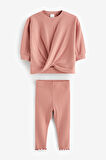 Next Baby Pamuklu Pembe Ribanalı Uzun Kollu Sweat Tayt Alt Üst Takım