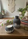 Bohem İskandinav Vazo ve Soya Mum Seti | Mat Gri Beyaz Modern Dekoratif 2'li Set HEDİYE