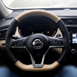DİKİŞLİ DİREKSİYON KILIFI AÇIK BEJ DERİ NOKTALI DERİ SİYAH DİKİŞLİ NİSSAN QASHQAİ İÇİN