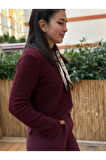 Kadın Bordo Uzun Kollu Önü Fularlı Triko Kazak