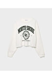 Beyaz Baskılı Crop Sweatshirt