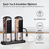 Neo Şarjlı Stantlı Karabiber, Tuz Öğütücü, Otomatik Tuz Öğütücü, 3 Kademe Ayarlı Baharat Öğütücü