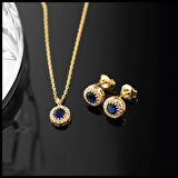 925 Ayar Gümüş Eylül Ayı Doğum Taşı ( Sapphire ) Kolye - Küpe Seti