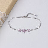 3'lü Çiçek Model Pembe Zirkon Taşlı 925 Ayar Gümüş Kadın Bileklik