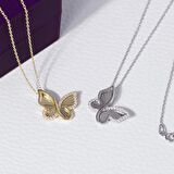 Kelebek Model-1 Gold Rengi Zirkon Taşlı 925 Ayar Gümüş Kadın Kolye