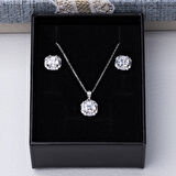 6 mm Kare Zirkon Taşlı 925 Ayar Gümüş Kadın 2'li Set