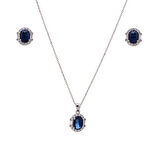 5-8 mm Lacivert Oval Zirkon Taşlı 925 Ayar Gümüş Kadın 2'li Set