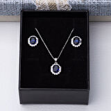 5-8 mm Lacivert Oval Zirkon Taşlı 925 Ayar Gümüş Kadın 2'li Set