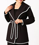 Beyaz Dikiş Detaylı Şal Yaka Kadın Hırka Kimono Style