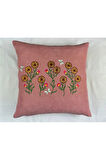 Pembe Renk Çiçek Desenli Nakışlı Yastık Kılıfı 40X40 | Kırlent Kılıfı Fermuarlı