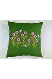 Yeşil Renk Çiçek Desenli Nakışlı Yastık Kılıfı 40X40 | Kırlent Kılıfı Fermuarlı
