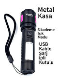 KAMP OUTDOOR  ALASKA EL FENERİ ZUMLU  6 KADEMELİ TAMAMEN METAL KASA USB ŞARJLI
