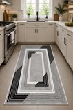 Norella Home Modern Geometrik Çerçeve Desenli Kaymaz Taban Yıkanabilir Halı Gri Siyah Beyaz 120 x 180 cm Polyester Dijital Baskı Salon Mutfak Koridor Halısı