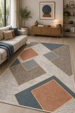 Norella Home Modern Geometrik Desenli Halı Bej Mavi Kaymaz Taban Yıkanabilir Salon Mutfak Koridor Dekoratif Halı 60x90 cm Polyester