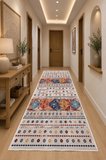 Norella Home Etnik Desenli Çok Renkli Halı 60 x 90 cm Makinede Yıkanabilir Kaymaz Tabanlı Dekoratif Salon Mutfak Halısı
