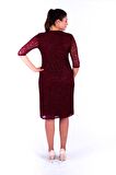 Nidya Moda Büyük Beden Kadın Bordo V Yaka Simli Dantel Abiye Elbise-4009YB