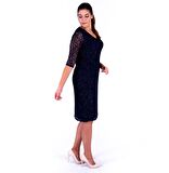 Nidya Moda Büyük Beden Kadın Lacivert V Yaka Simli Dantel Abiye Elbise-4009YL