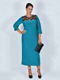 Nidya Moda Büyük Beden Kadın Turkuaz Roba  Dantel Taşlı   Abiye Elbise-4025AT