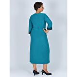 Nidya Moda Büyük Beden Kadın Turkuaz V Bantlı Roba Manşet Dantel Taşlı   Abiye Elbise-4025T