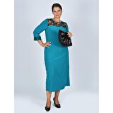 Nidya Moda Büyük Beden Kadın Turkuaz V Bantlı Roba Manşet Dantel Taşlı   Abiye Elbise-4025T