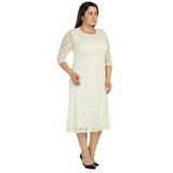 Nidya Moda Büyük Beden Kadın Ekru Kloş Etek Dantel Abiye Elbise-4036E