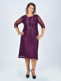 Nidya Moda Büyük Beden Kadın Mürdüm Kloş Etek Dantel Abiye Elbise-4036M
