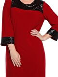 Nidya Moda Büyük Beden Kadın Kırmızı Roba Manşet Pullu Paye Kombinli  Abiye Elbise-4056K