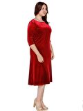 Nidya Moda Büyük Beden Kadın Kırmızı İnci Taşlı Yaka Kadife Abiye Elbise-4074K