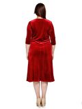 Nidya Moda Büyük Beden Kadın Kırmızı İnci Taşlı Yaka Kadife Abiye Elbise-4074K