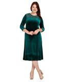 Nidya Moda Büyük Beden Kadın Yeşil Roba Manşet Dantel Kombin Kadife Abiye Elbise-4078KY