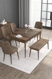 Noa Serisi 80x132 Açılabilir Mdf Barok Ahşap Desen Masa Takımı 4 Kahverengi Sandalye 1 Bench