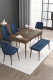 Noa Serisi 80x132 Açılabilir Mdf Masa Barok Ahşap Desen Masa Takımı 4 Lacivert Sandalye 1 Bench