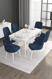Noa Serisi 80x132 Açılabilir Mdf Beyaz Mermer Desen Masa Takımı Ve 6 Lacivert Sandalye