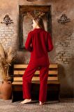 Düz Renk Gömlek Yaka Peluş Polar Pijama Takımı