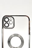 iPhone 11 Uyumlu Gümüş Gri Silver Renkli Kenarlı Lazerli Şeffaf Kılıf Lens Korumalı