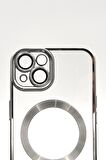 iPhone 13 Uyumlu MagSafe Özellikli Gümüş Gri Silver Renkli Kenarlı Lazerli Şeffaf Kılıf Lens Korumalı