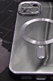 iPhone 13 Uyumlu MagSafe Özellikli Mor Renkli Kenarlı Lazerli Şeffaf Kılıf Lens Korumalı