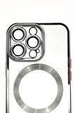 iPhone 13 Pro Uyumlu MagSafe Özellikli Gümüş Gri Silver Renkli Kenarlı Lazerli Şeffaf Kılıf Lens Korumalı