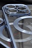 iPhone 13 Pro Uyumlu MagSafe Özellikli Saks Mavi Renkli Kenarlı Lazerli Şeffaf Kılıf Lens Korumalı