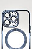 iPhone 13 Pro Uyumlu MagSafe Özellikli Saks Mavi Renkli Kenarlı Lazerli Şeffaf Kılıf Lens Korumalı