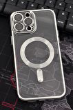 iPhone 13 Pro Max Uyumlu MagSafe Özellikli Gümüş Gri Silver Renkli Kenarlı Lazerli Şeffaf Kılıf Lens Korumalı