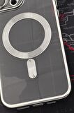 iPhone 13 Pro Max Uyumlu MagSafe Özellikli Gümüş Gri Silver Renkli Kenarlı Lazerli Şeffaf Kılıf Lens Korumalı