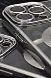 iPhone 13 Pro Max Uyumlu MagSafe Özellikli Gümüş Gri Silver Renkli Kenarlı Lazerli Şeffaf Kılıf Lens Korumalı