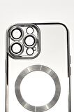 iPhone 13 Pro Max Uyumlu MagSafe Özellikli Gümüş Gri Silver Renkli Kenarlı Lazerli Şeffaf Kılıf Lens Korumalı