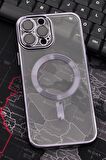 iPhone 13 Pro Max Uyumlu MagSafe Özellikli Mor Renkli Kenarlı Lazerli Şeffaf Kılıf Lens Korumalı