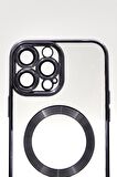 iPhone 13 Pro Max Uyumlu MagSafe Özellikli Mor Renkli Kenarlı Lazerli Şeffaf Kılıf Lens Korumalı