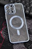 iPhone 13 Pro Max Uyumlu MagSafe Özellikli Saks Mavi Renkli Kenarlı Lazerli Şeffaf Kılıf Lens Korumalı