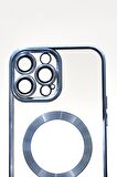 iPhone 13 Pro Max Uyumlu MagSafe Özellikli Saks Mavi Renkli Kenarlı Lazerli Şeffaf Kılıf Lens Korumalı