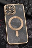 iPhone 13 Pro Max Uyumlu MagSafe Özellikli Altın Sarı Gold Renkli Kenarlı Lazerli Şeffaf Kılıf Lens Korumalı